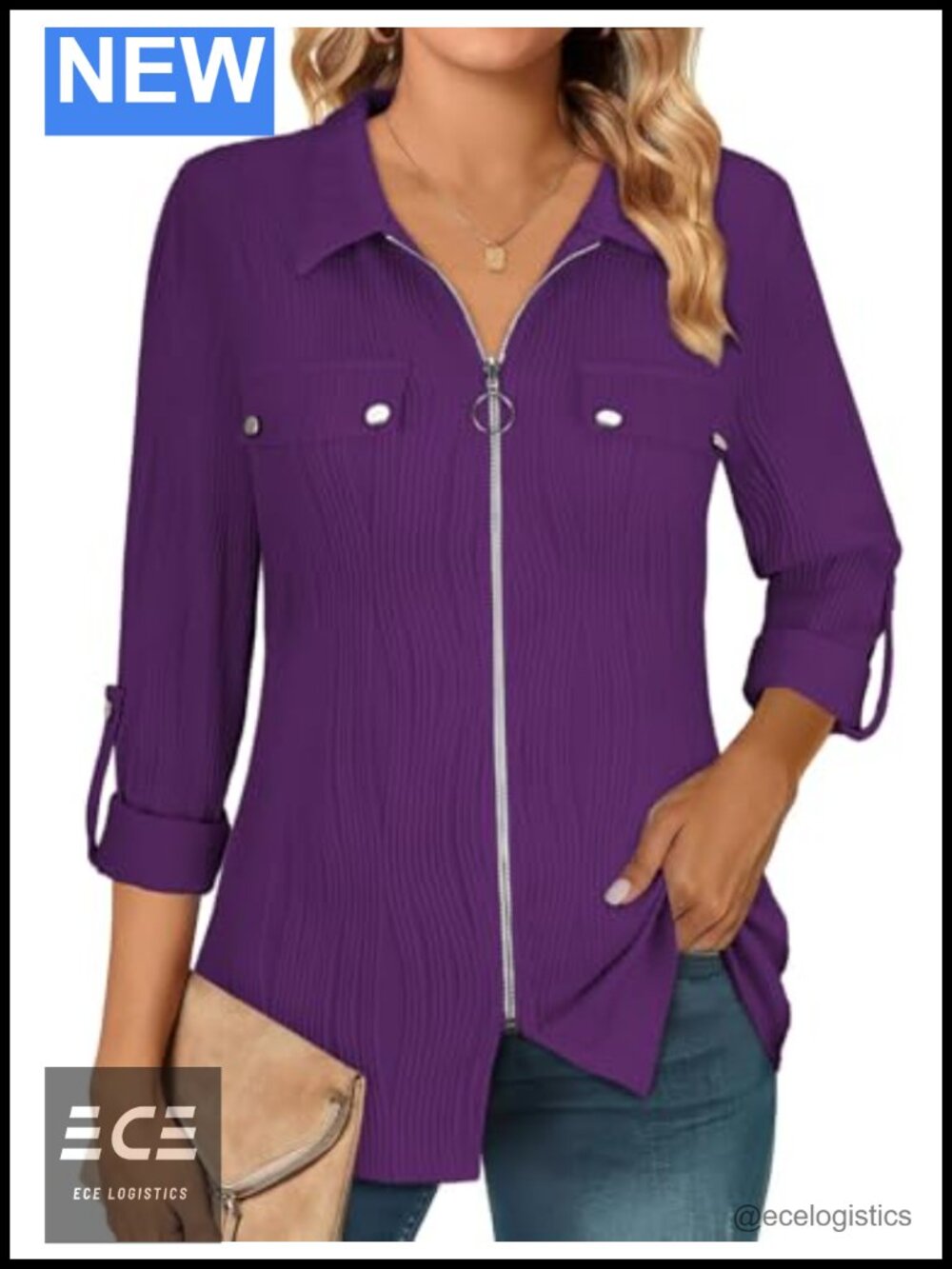Womens Roll Up 3/4 Sleeve V Neck Zip Front Blouse Business Casual Top